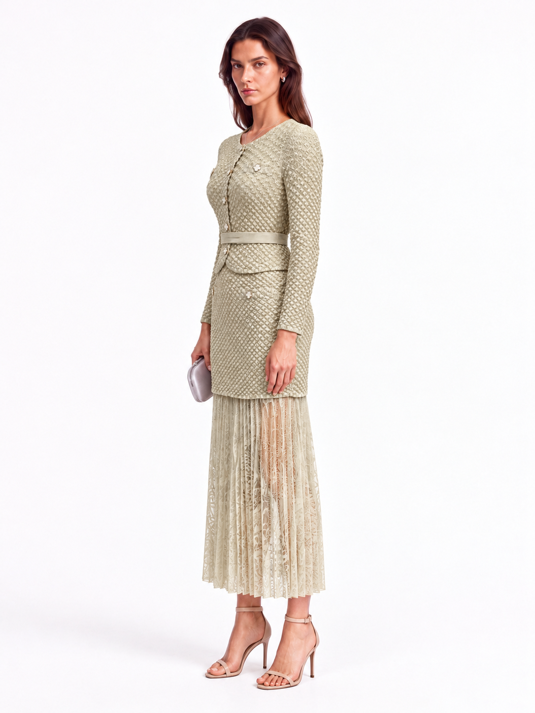 "Maya" Crinkle Chiffon & Mesh Buttoned Jacket Skirt Set