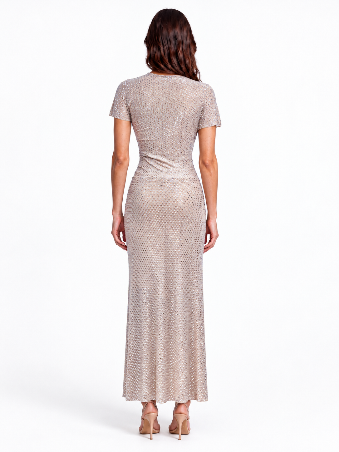 "Lina" Asymmetric Neck Rhinestone Mesh Dress