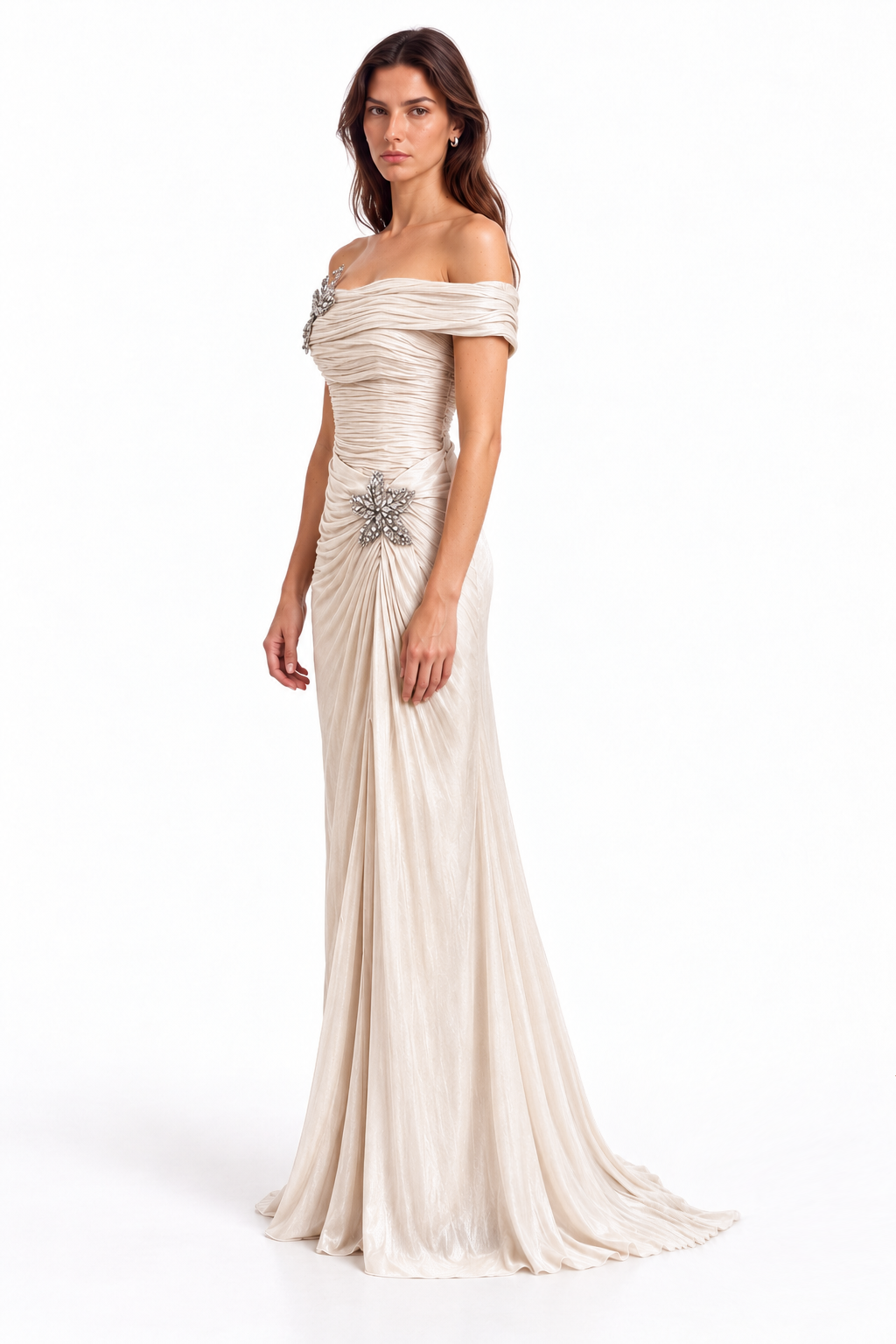 "Mira" Crystal Flower Off-Shoulder Gown