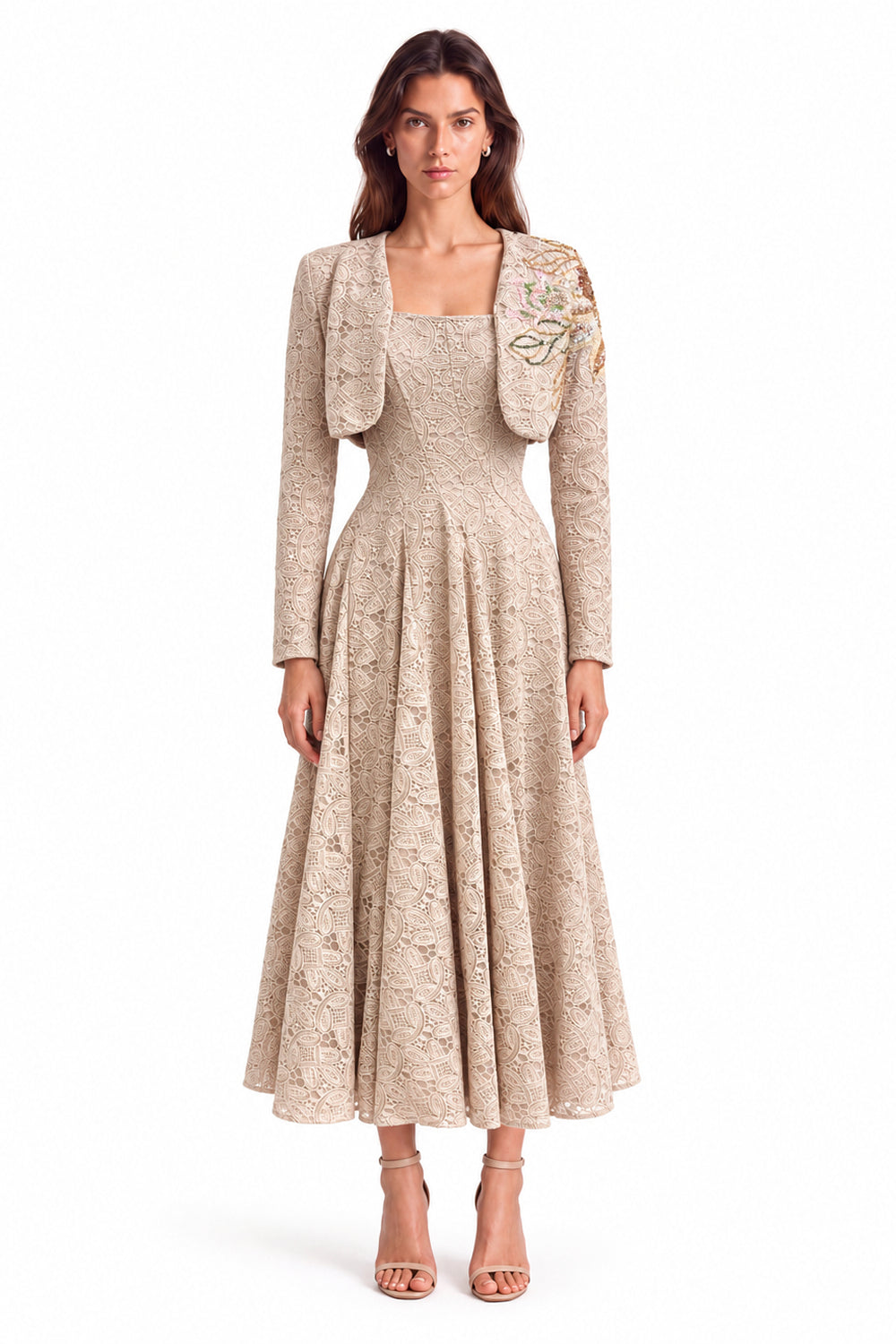 "Elara" Square-Neck Lace Midi Dress