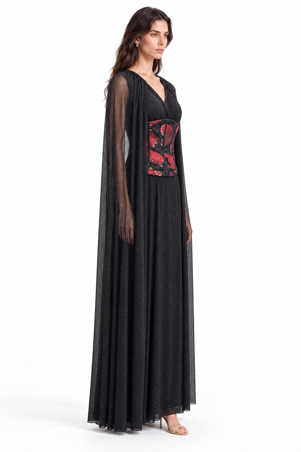 "Mira" Floral Corset Cape Gown