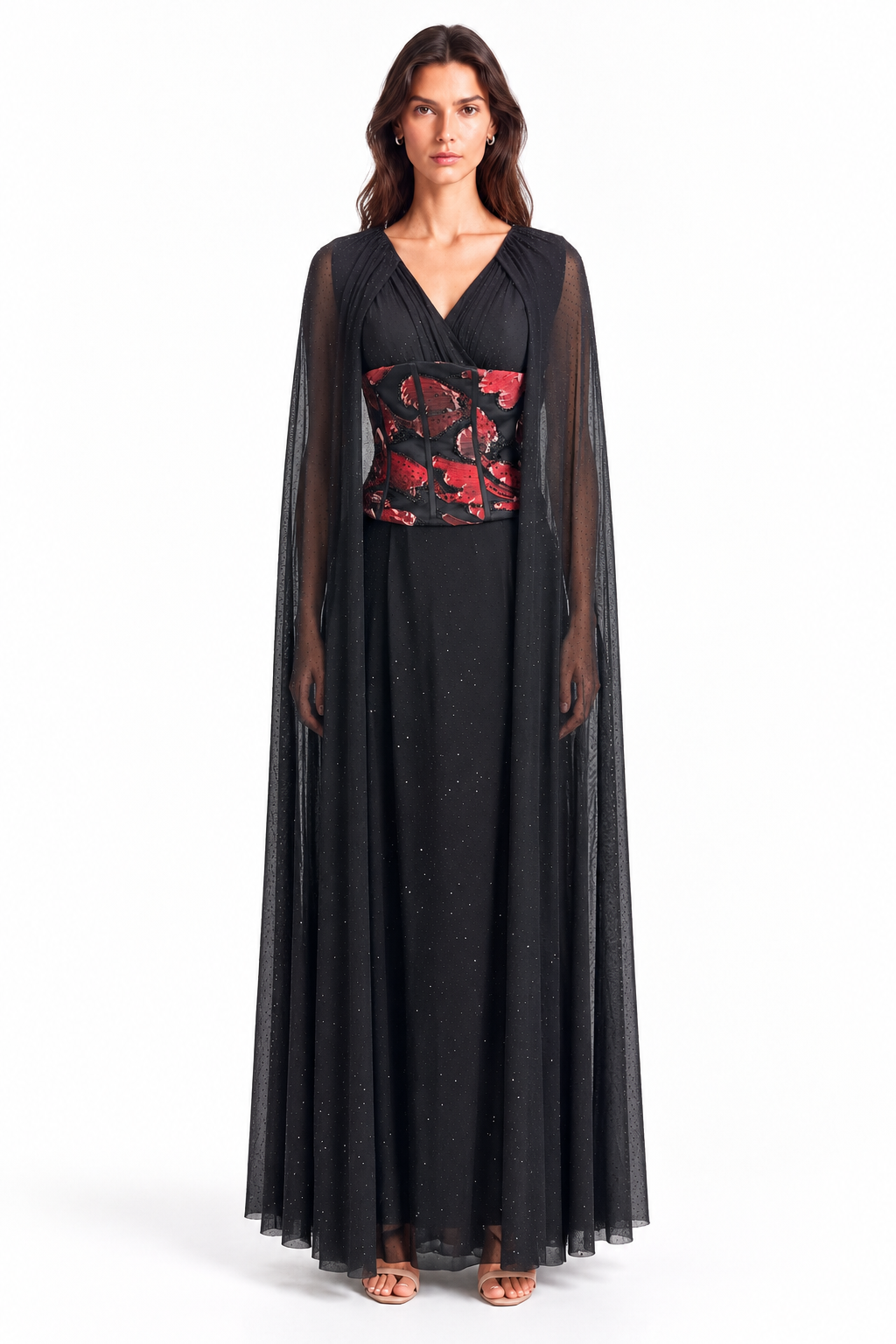 "Mira" Floral Corset Cape Gown