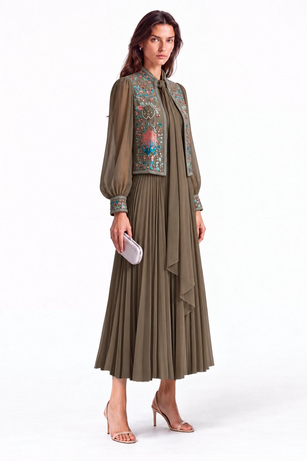 "Nesma" Embroidered Tie-Neck Pleated Dress
