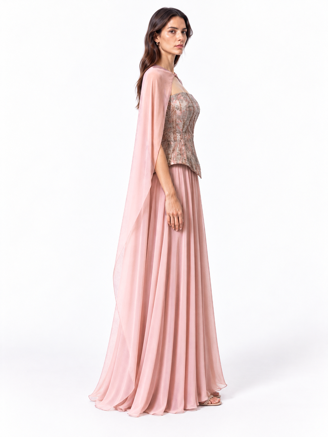 "Dalia" Sheer Cape Sequin Gown