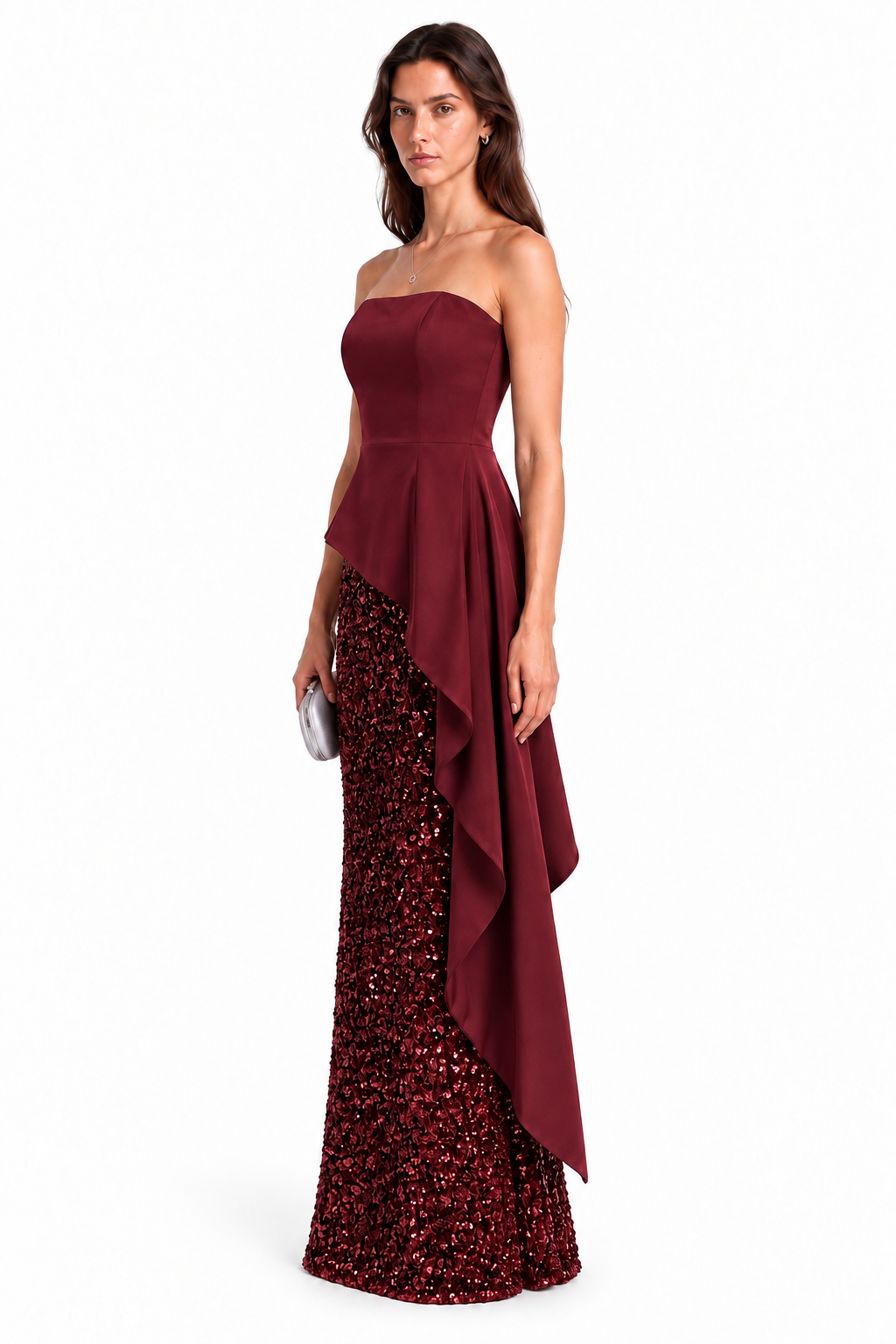 "Aveline" Strapless Sequin Drape Gown