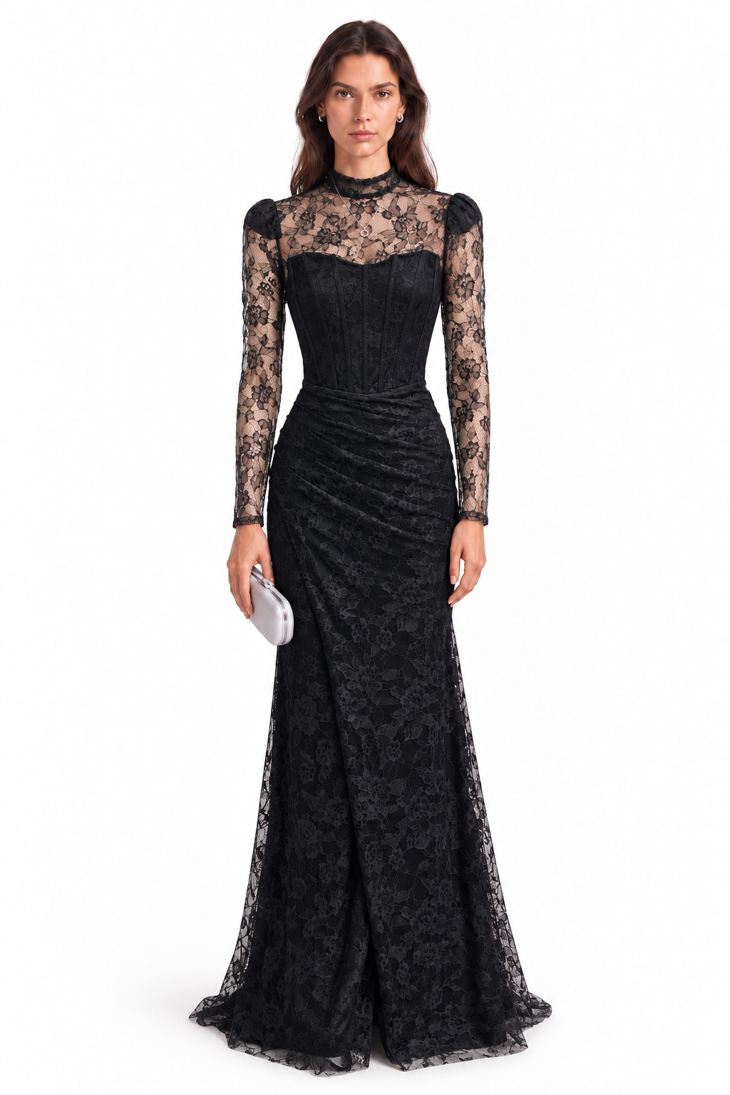 "Elara" Lace High Neck Draped Gown