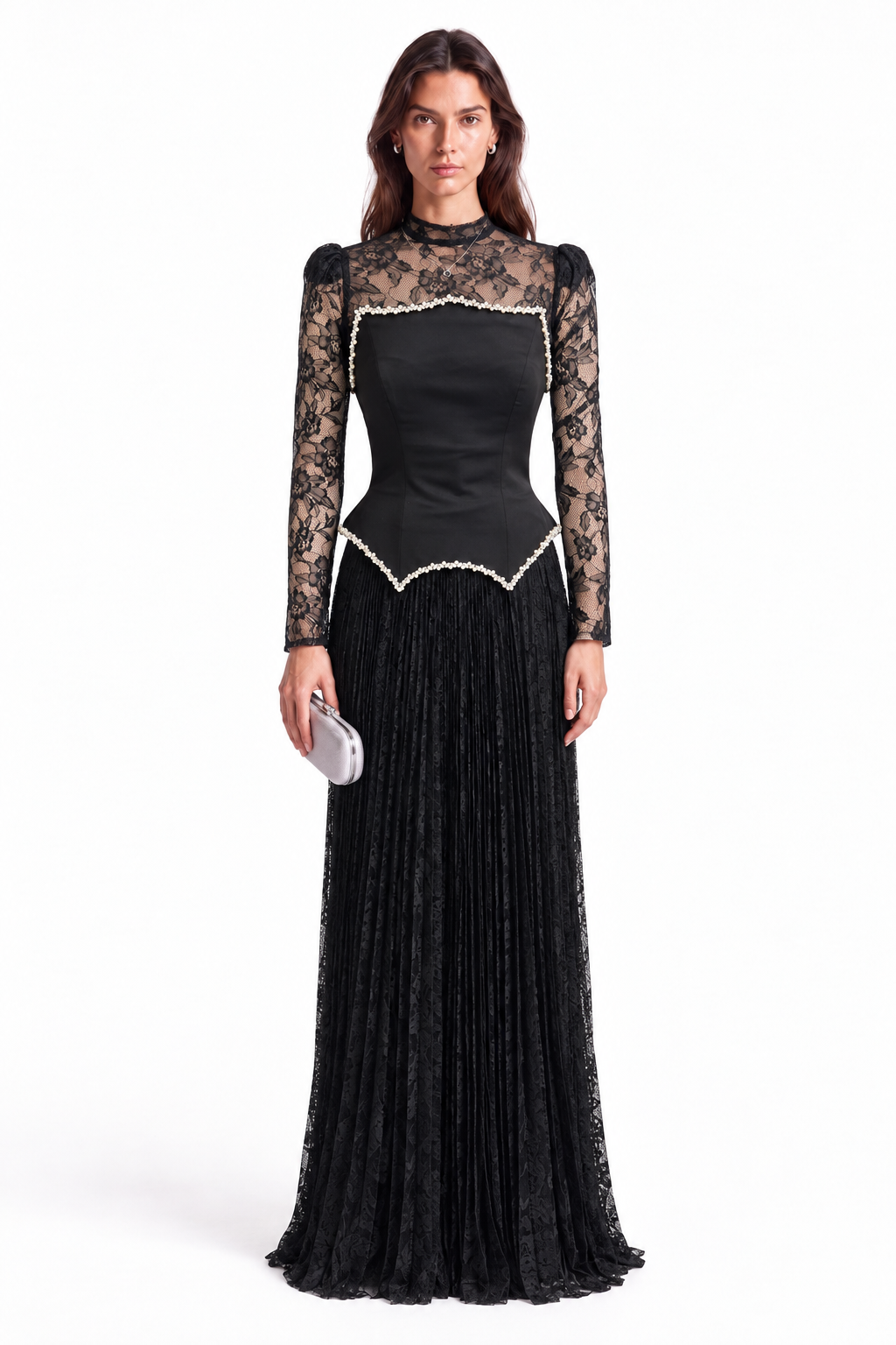 "Seren" Pearl Trim Pleated Gown