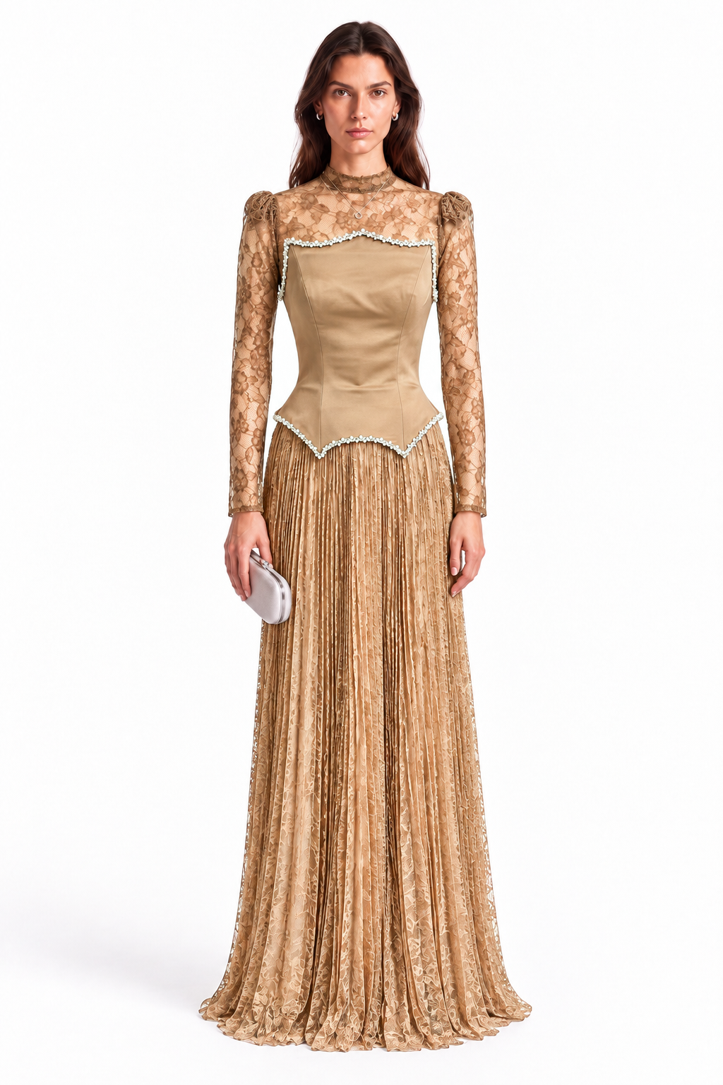 "Seren" Pearl Trim Pleated Gown