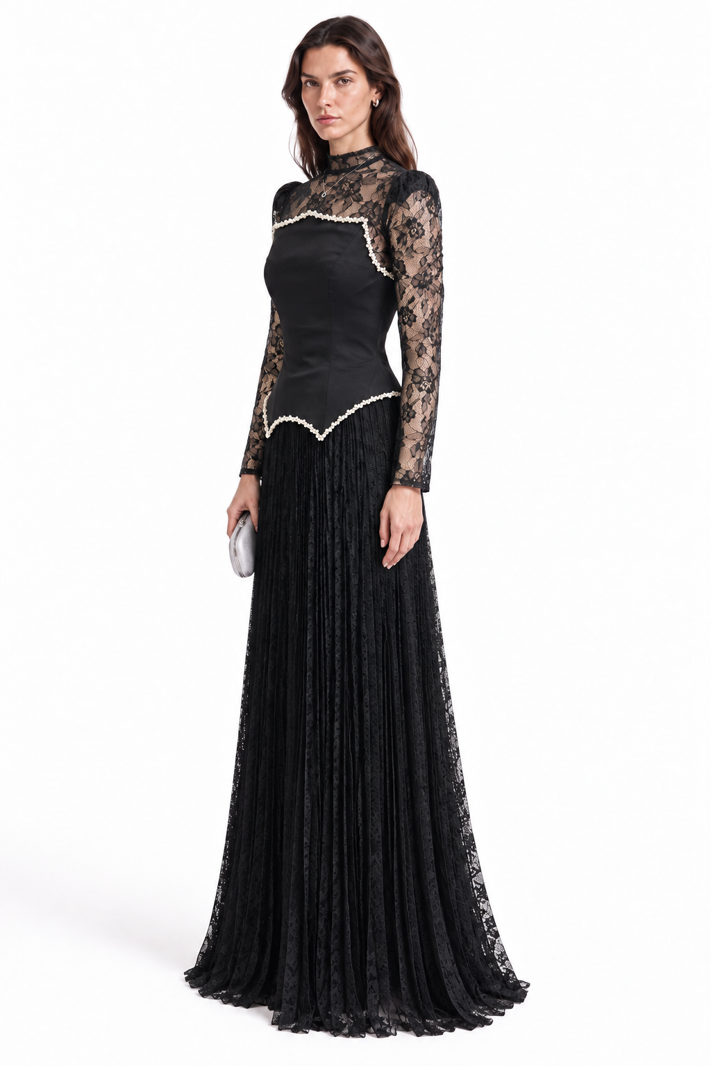 "Seren" Pearl Trim Pleated Gown