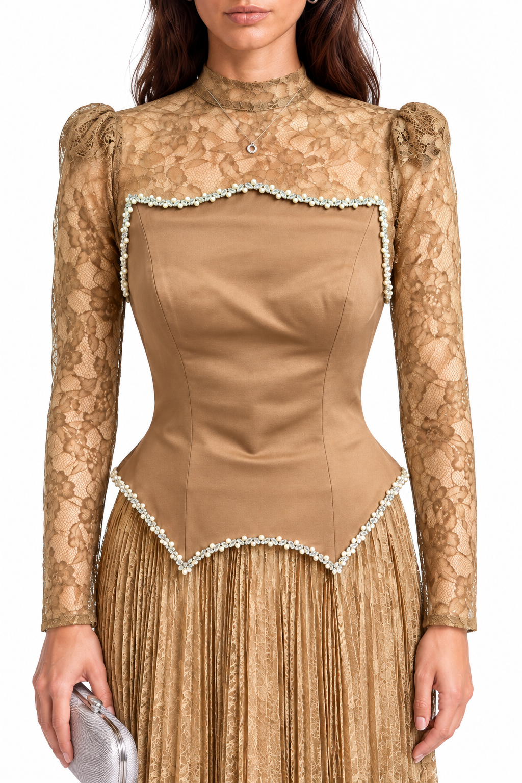 "Seren" Pearl Trim Pleated Gown