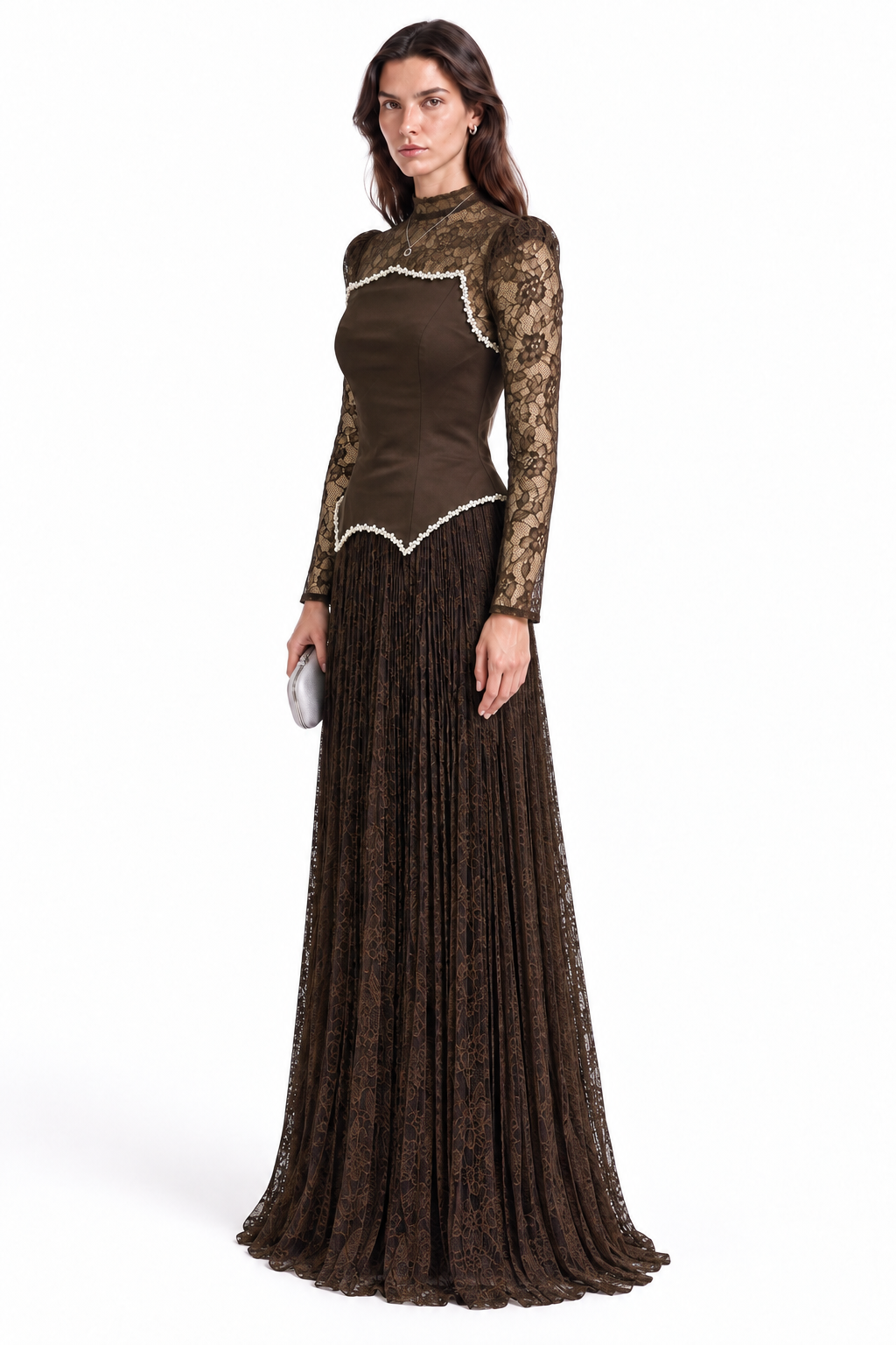 "Seren" Pearl Trim Pleated Gown