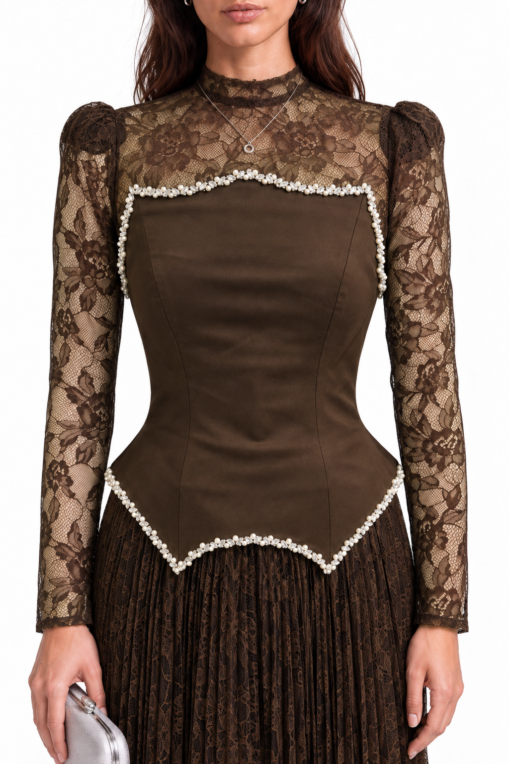 "Seren" Pearl Trim Pleated Gown