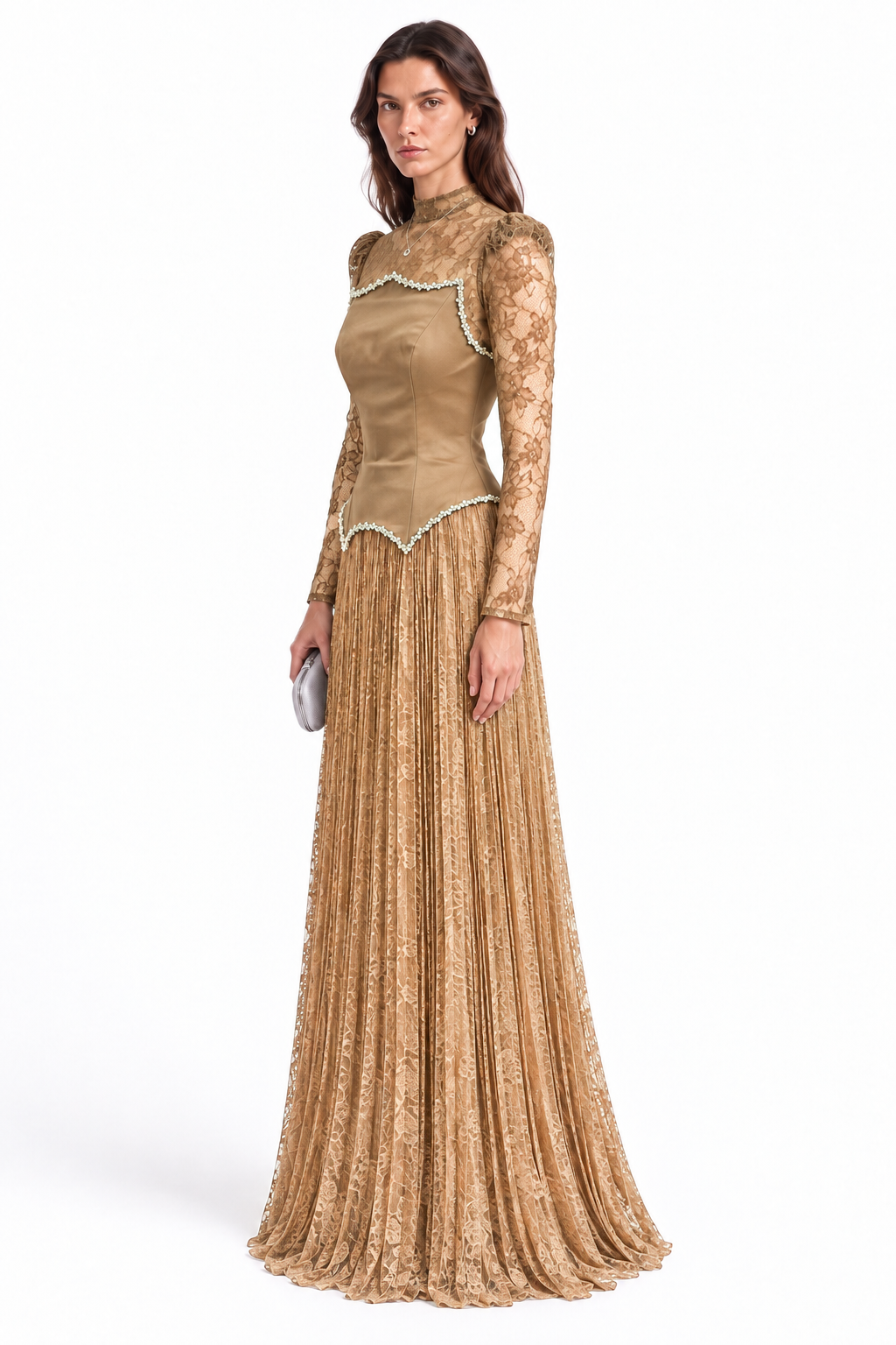 "Seren" Pearl Trim Pleated Gown