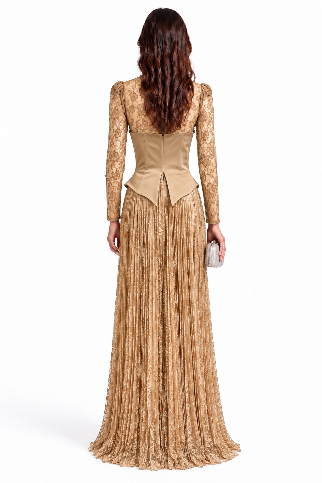 "Seren" Pearl Trim Pleated Gown
