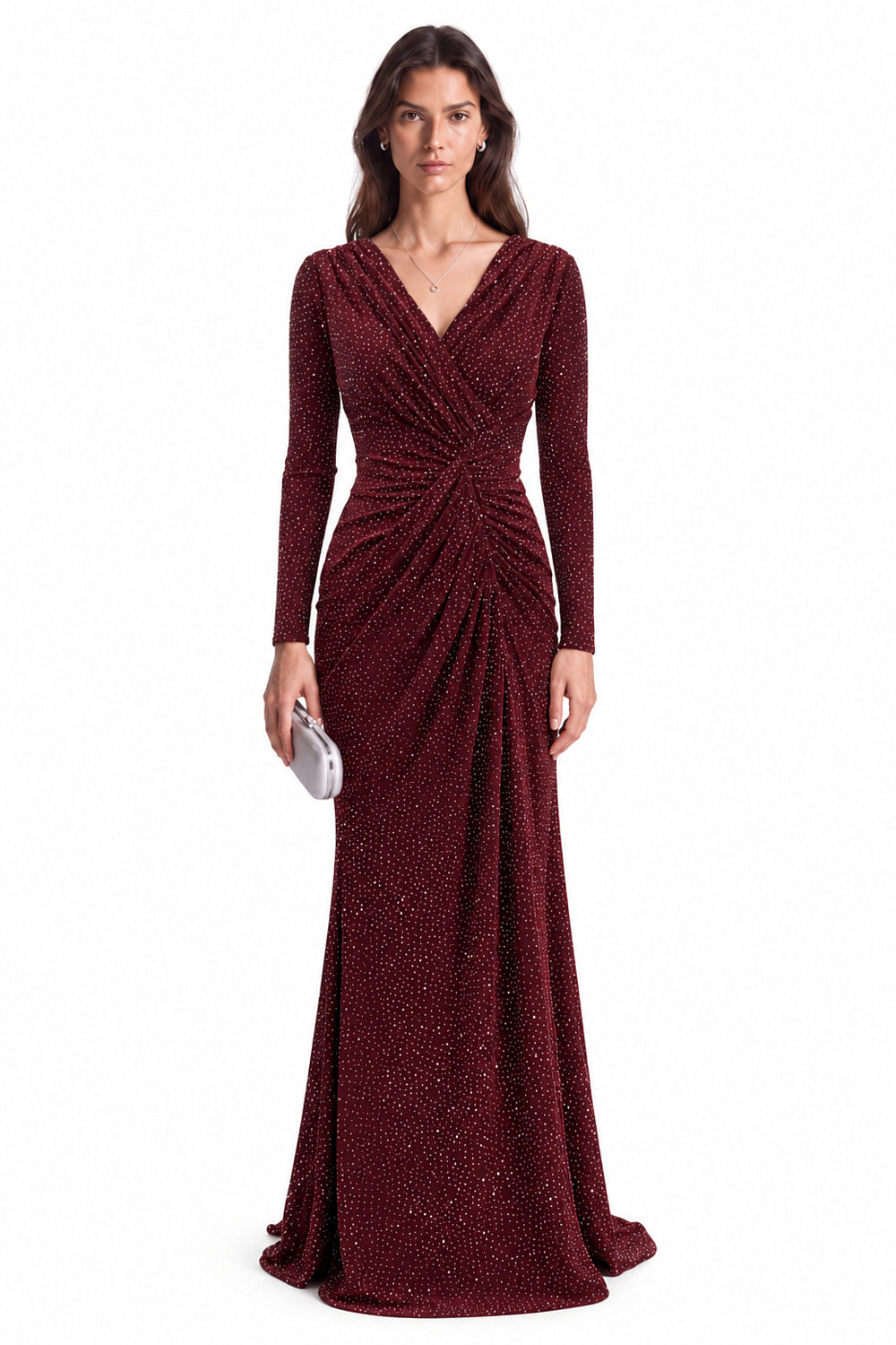 "Nadia" Rhinestone Jersey V-Neck Ruched Gown