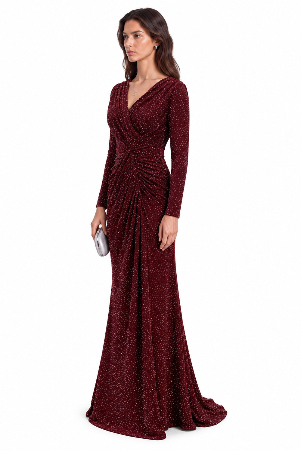 "Nadia" Rhinestone Jersey V-Neck Ruched Gown