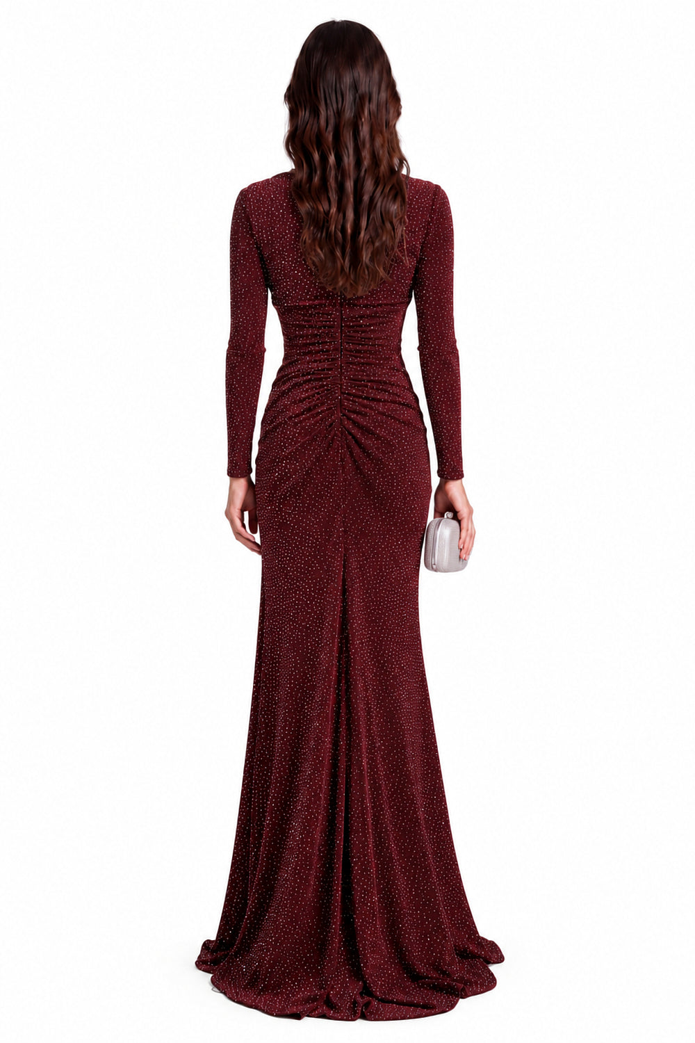 "Nadia" Rhinestone Jersey V-Neck Ruched Gown