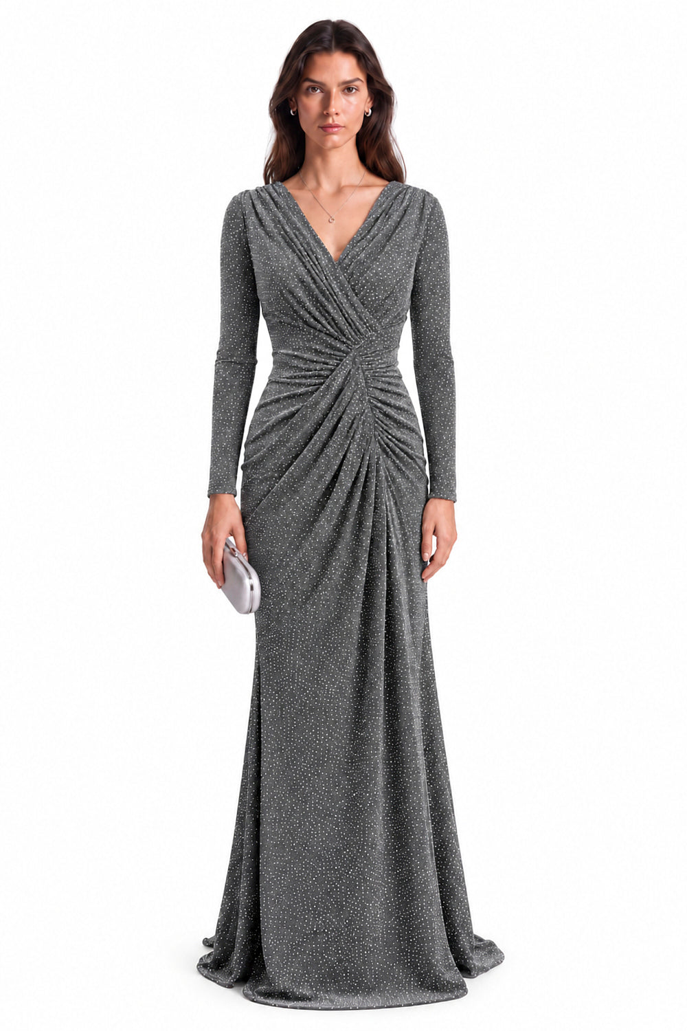"Nadia" Rhinestone Jersey V-Neck Ruched Gown