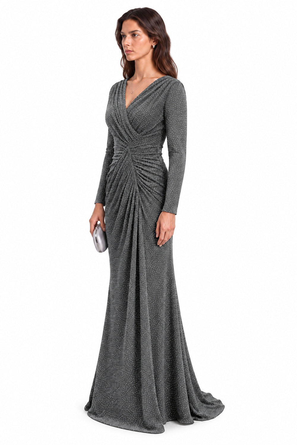"Nadia" Rhinestone Jersey V-Neck Ruched Gown