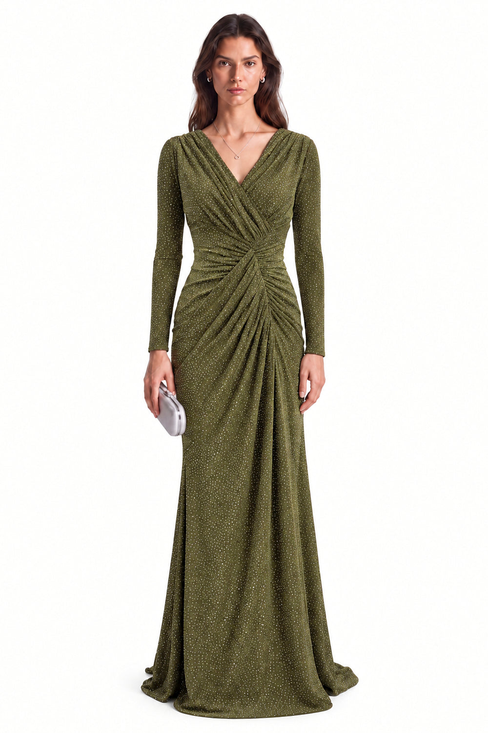 "Nadia" Rhinestone Jersey V-Neck Ruched Gown