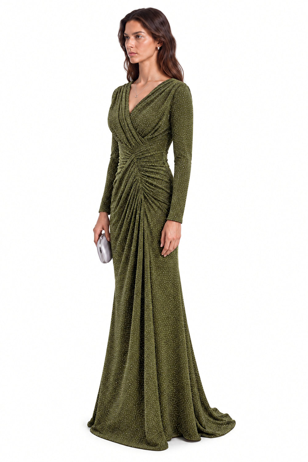 "Nadia" Rhinestone Jersey V-Neck Ruched Gown