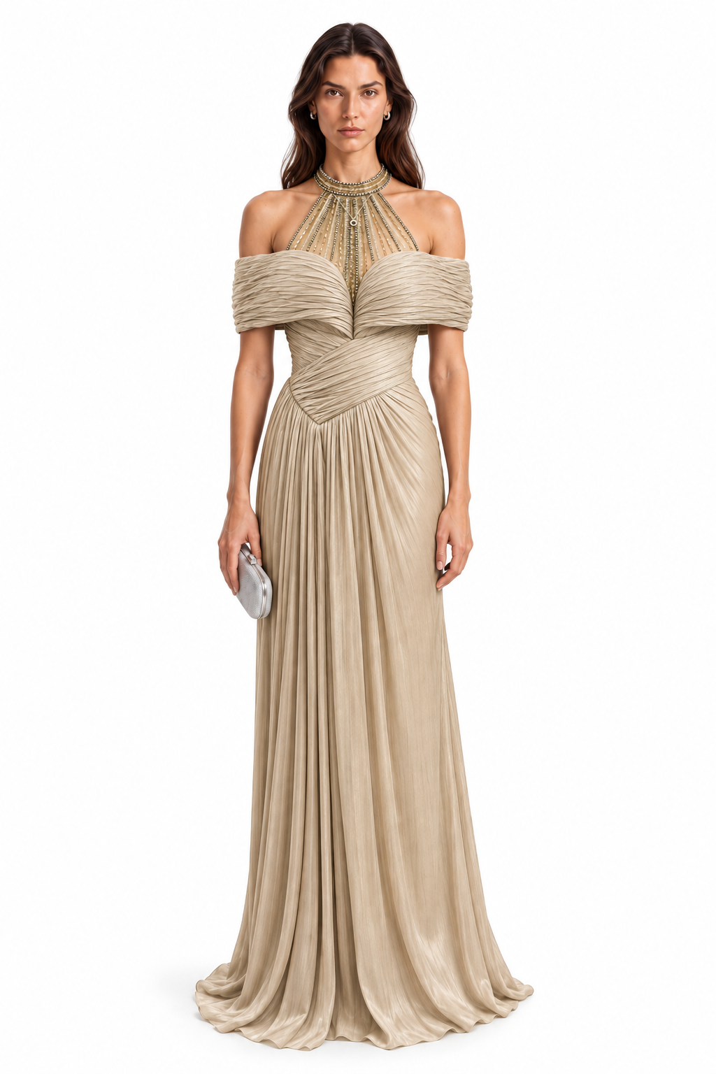 "Alina" Embellished Halter Drape Dress