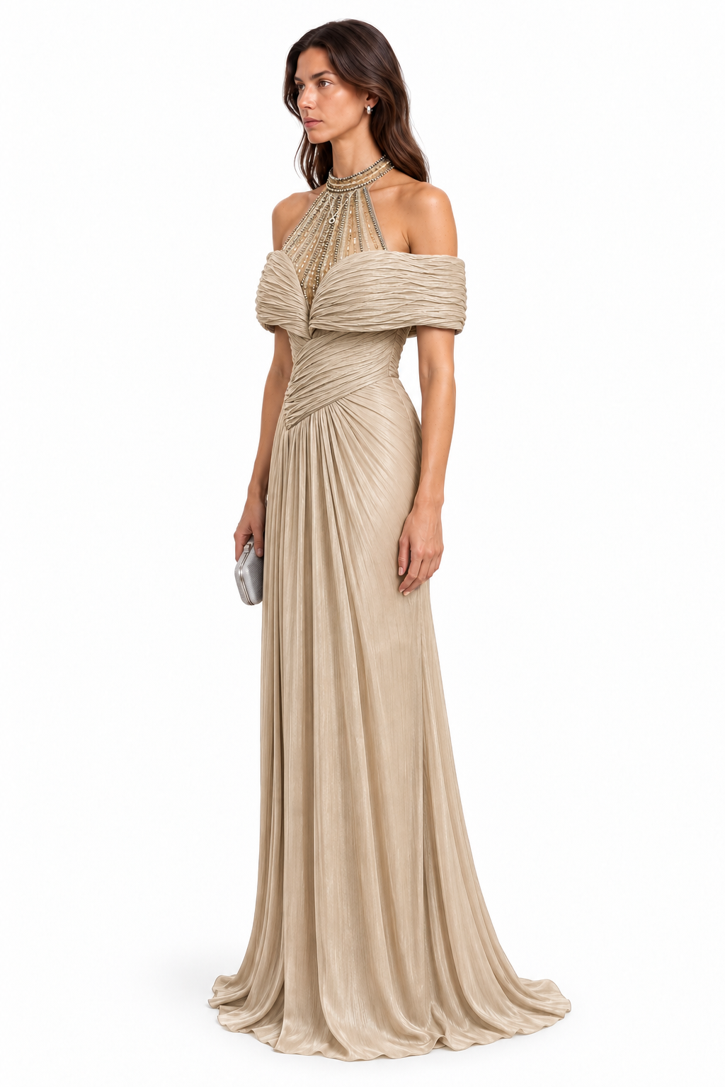 "Alina" Embellished Halter Drape Dress