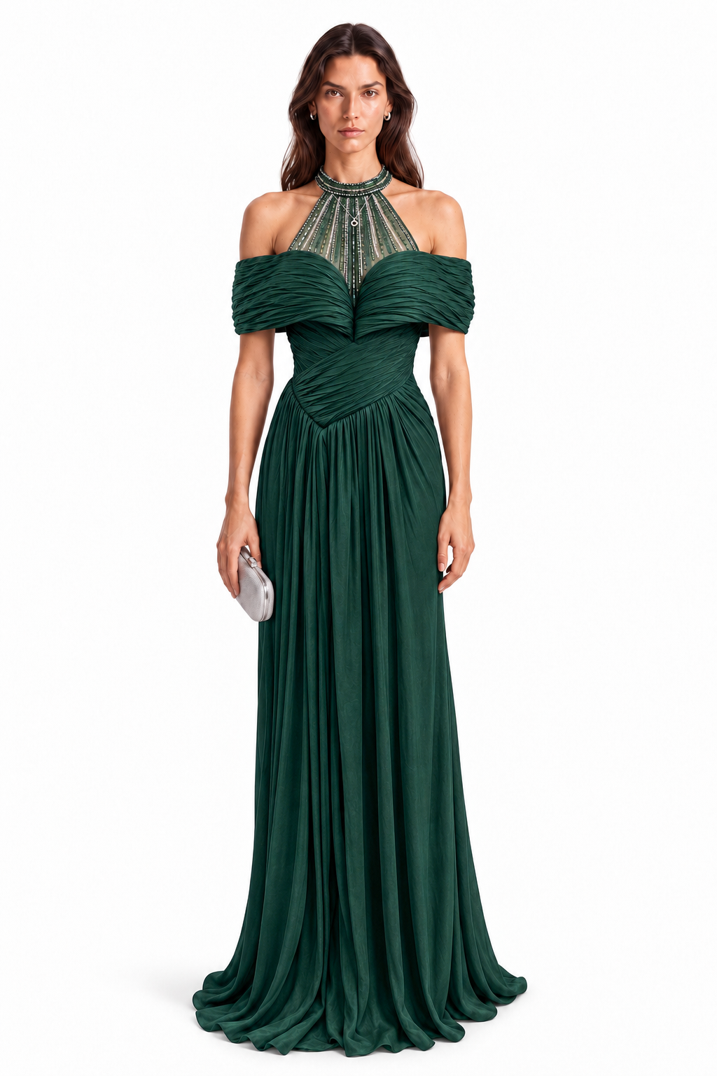 "Alina" Embellished Halter Drape Dress