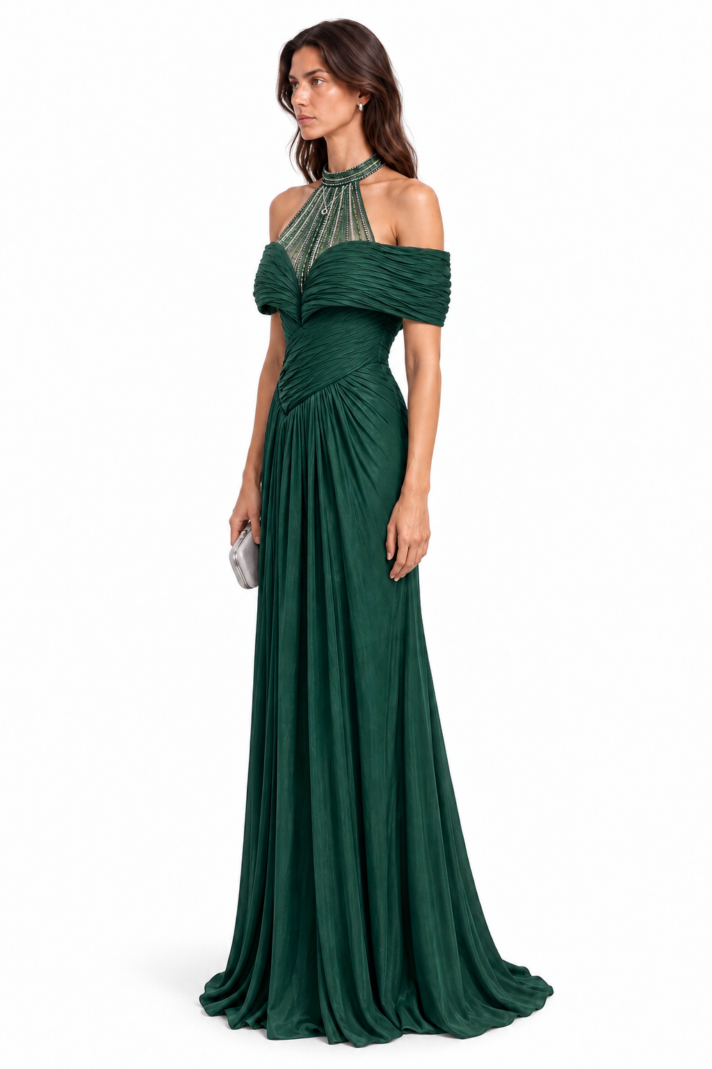 "Alina" Embellished Halter Drape Dress