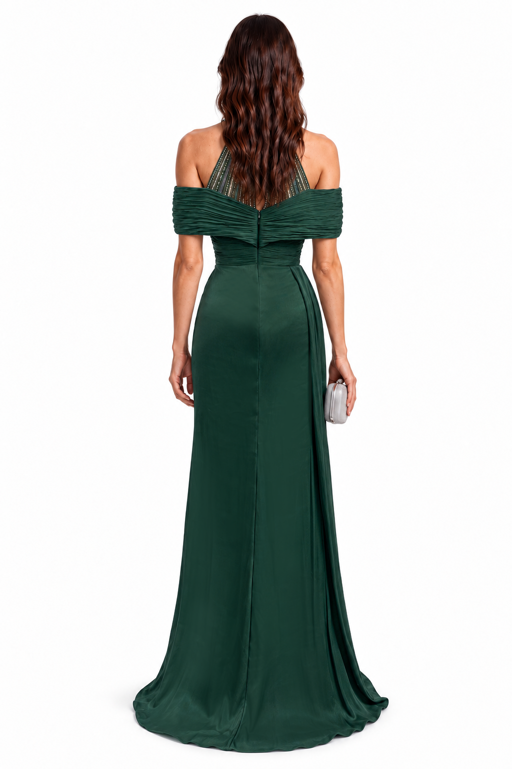 "Alina" Embellished Halter Drape Dress