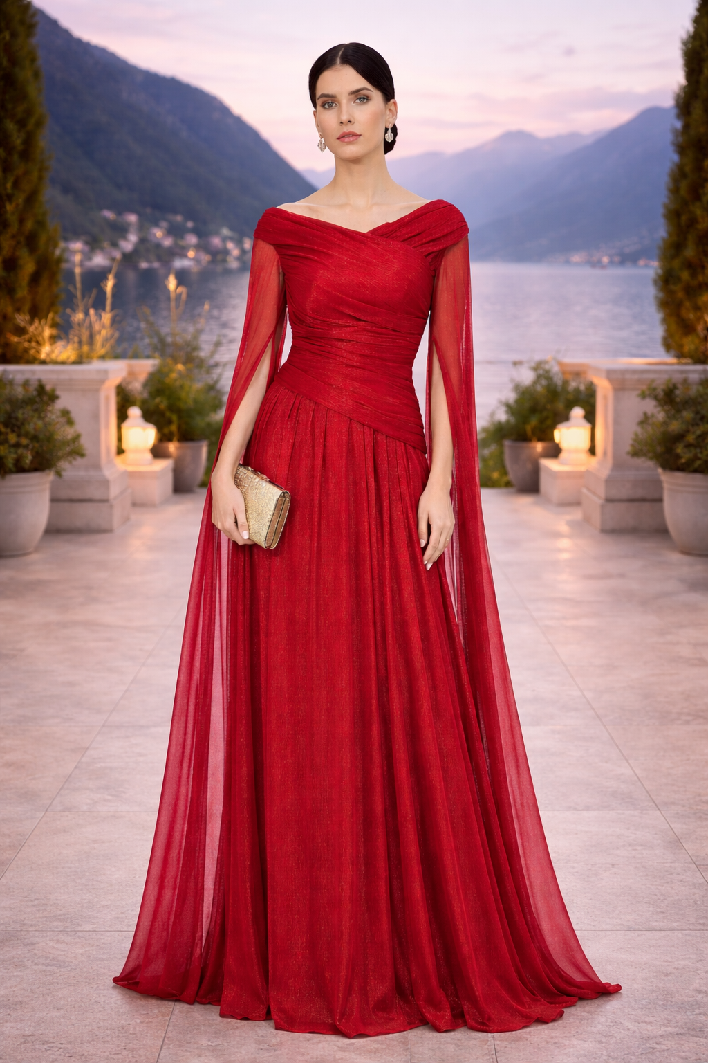 Draped Shimmer Gown with Flowing Sleeves