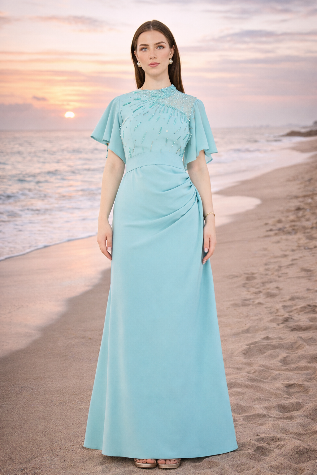 Asymmetrical Sheer Panel Embellished Formal Gown