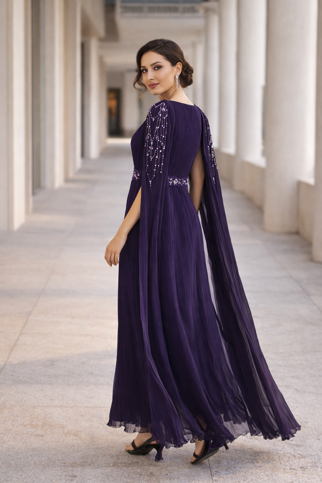 Pleated Embellished Cape Overlay Dress