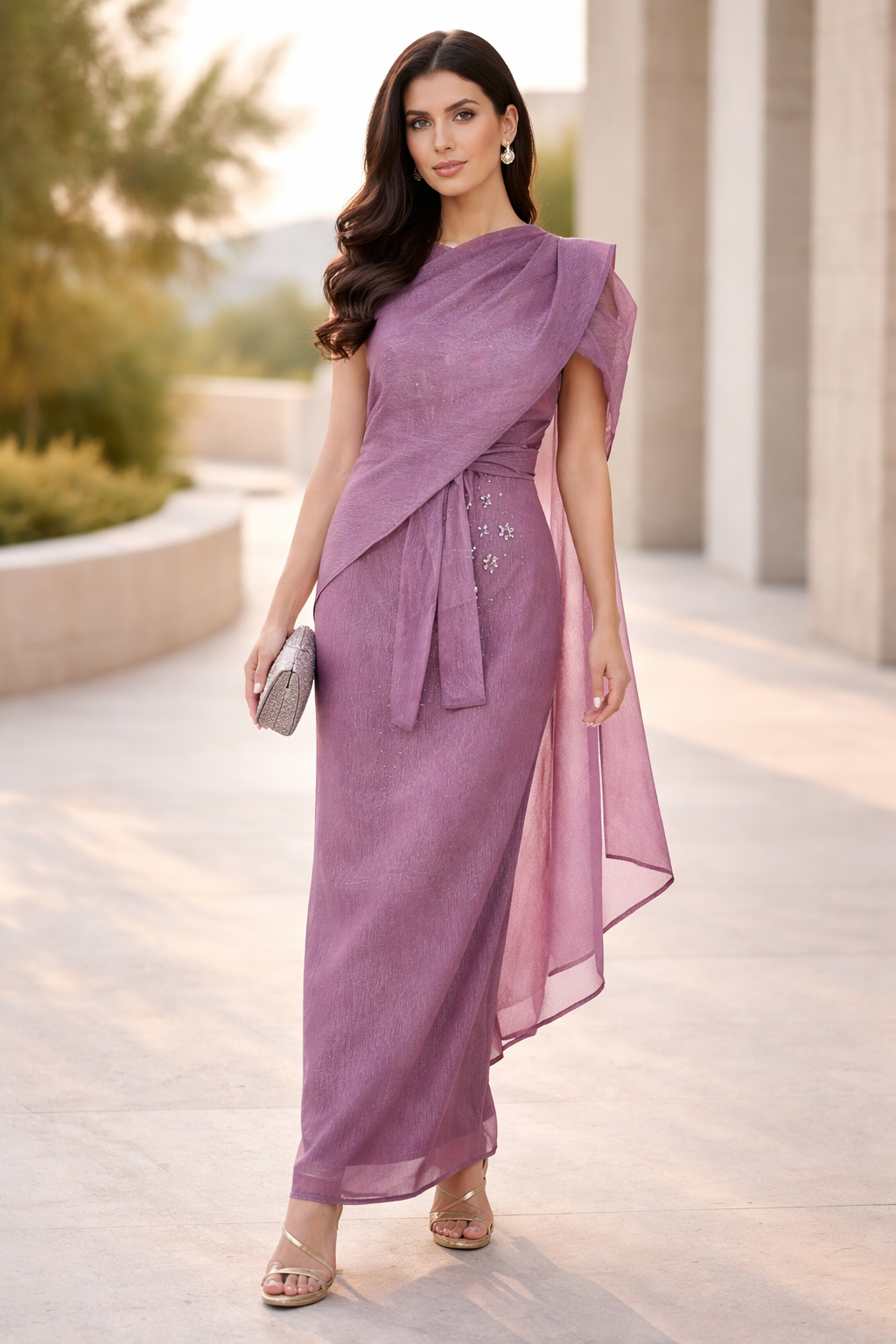 Embellished Drape Overlay Gown