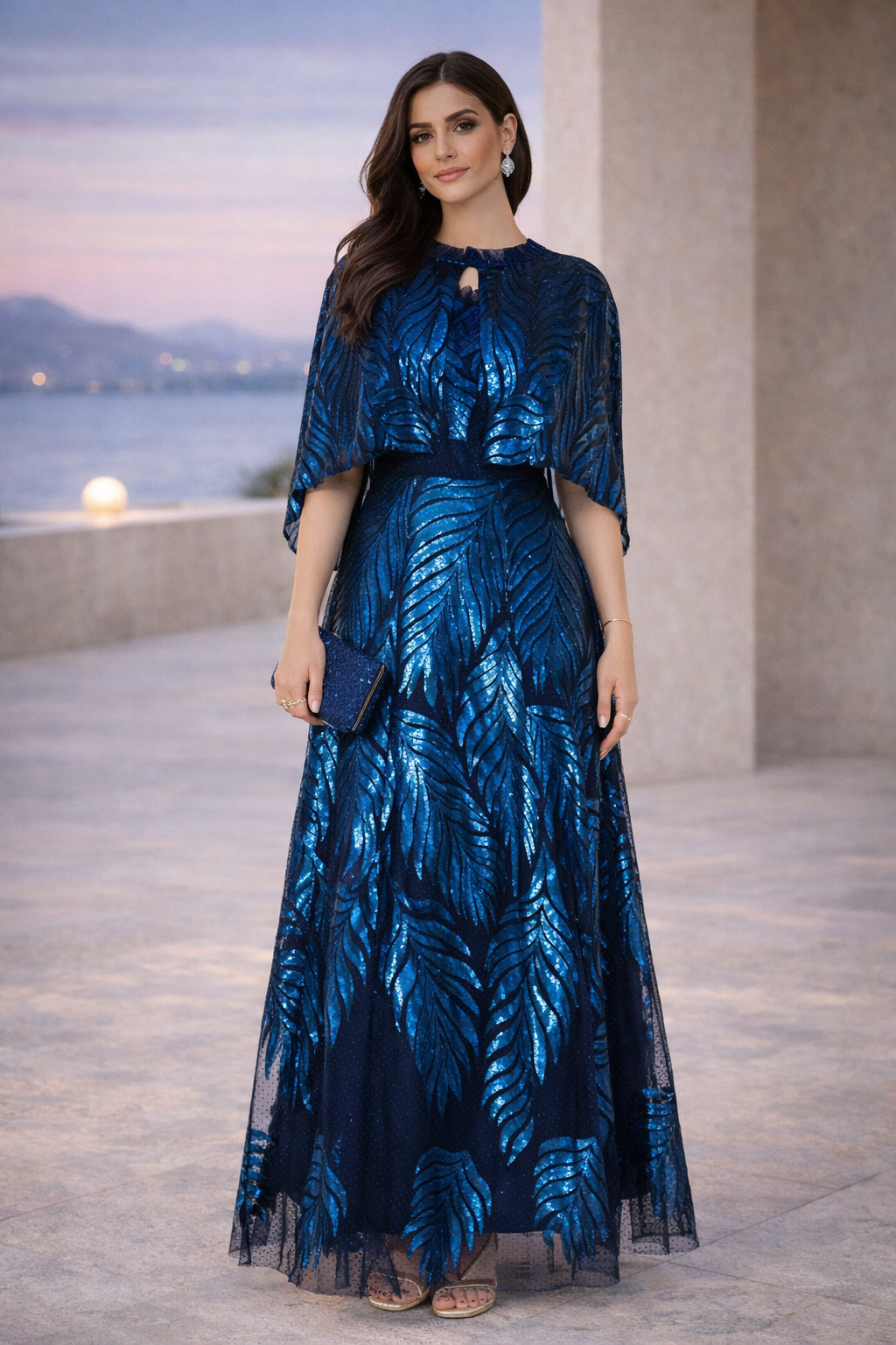 Sequined Leaf Gown with Sheer Cape Overlay