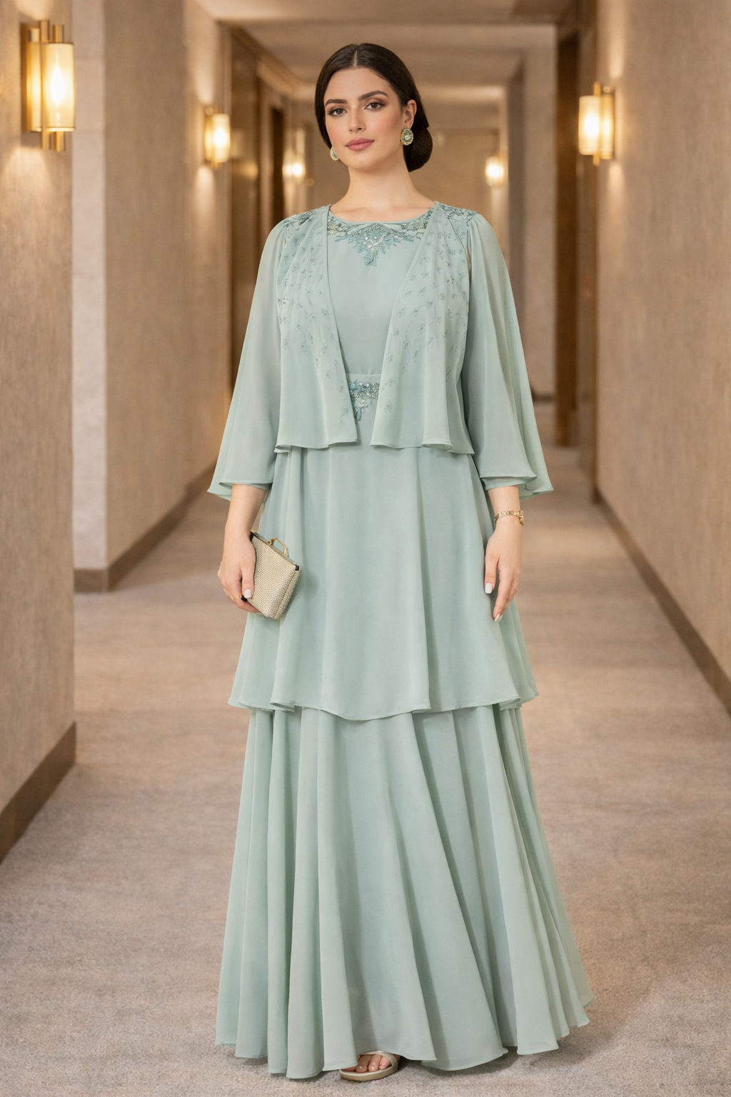 Embellished Layered Gown with Overlay Flared Sleeves