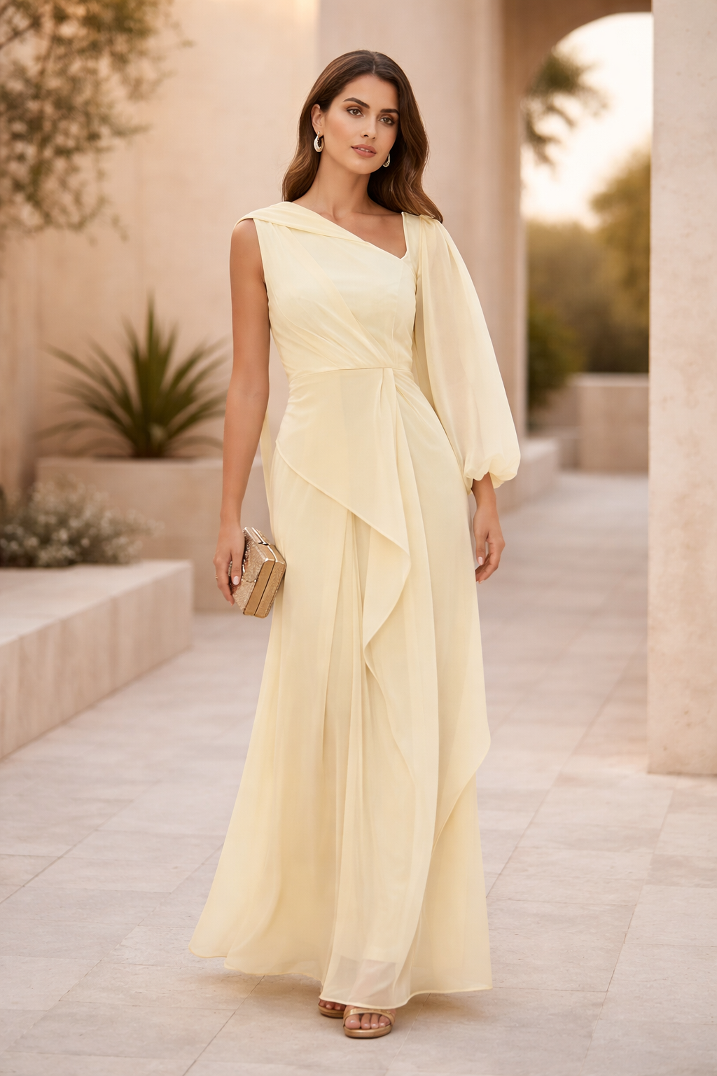 Asymmetric Draped Organza-Finish Evening Gown