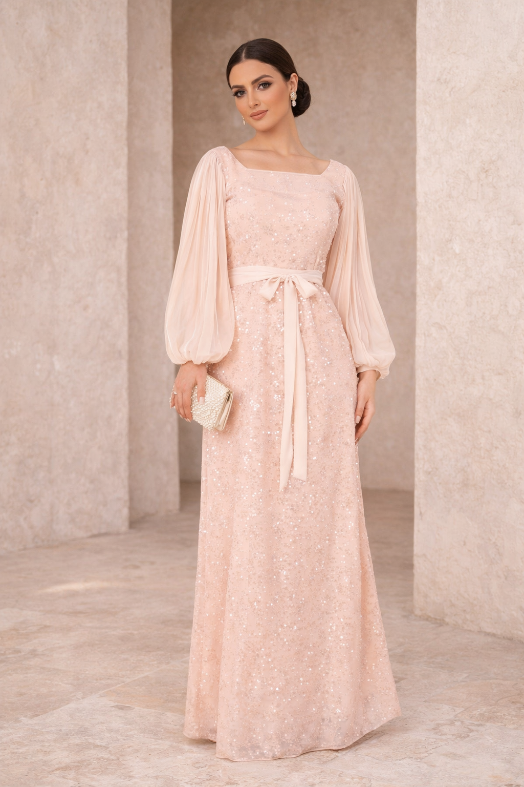 Shimmer Sequin Gown with Pleated Organza Sleeves