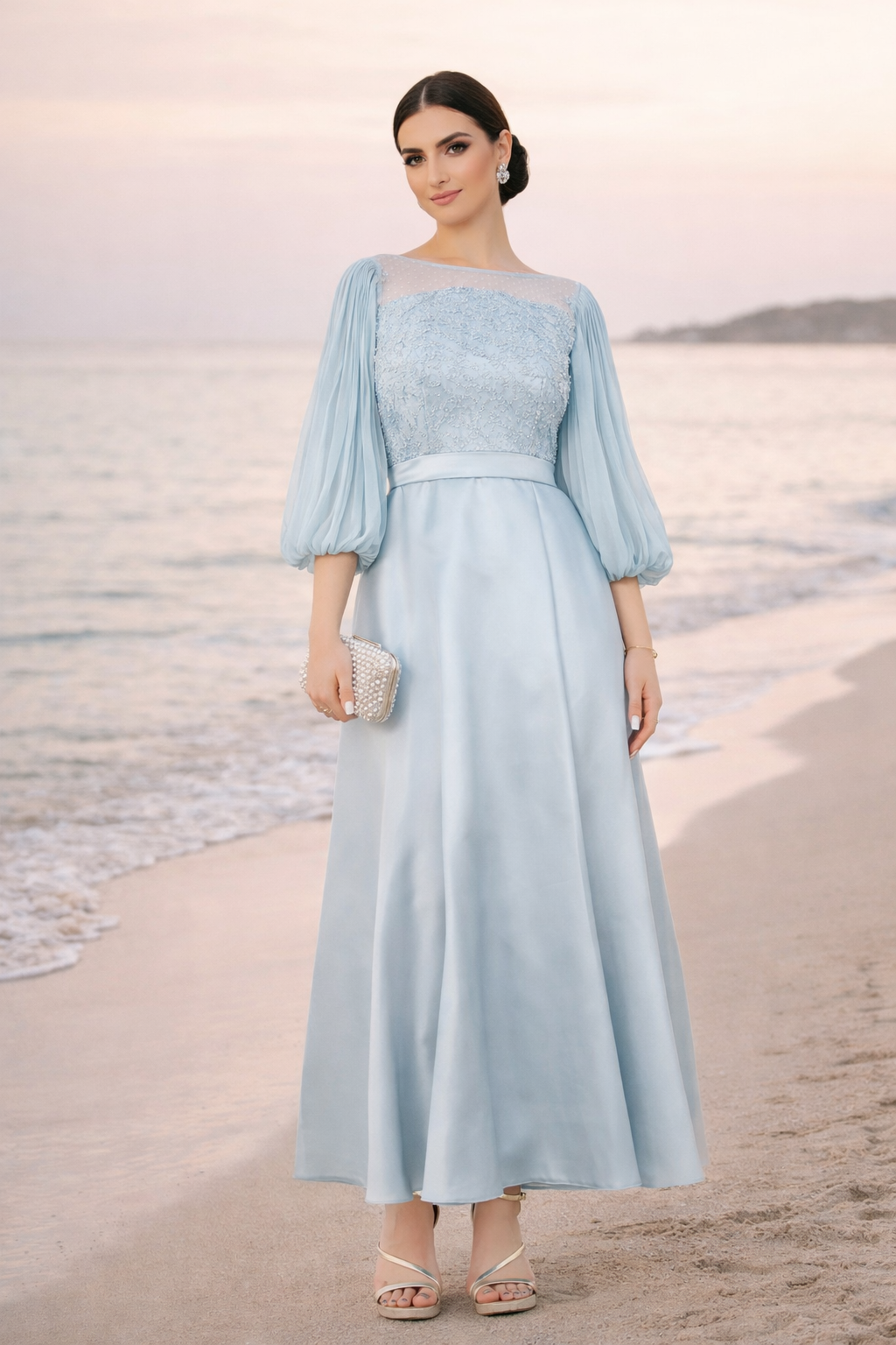 Embellished Satin Midi Dress with Pleated Organza Sleeves