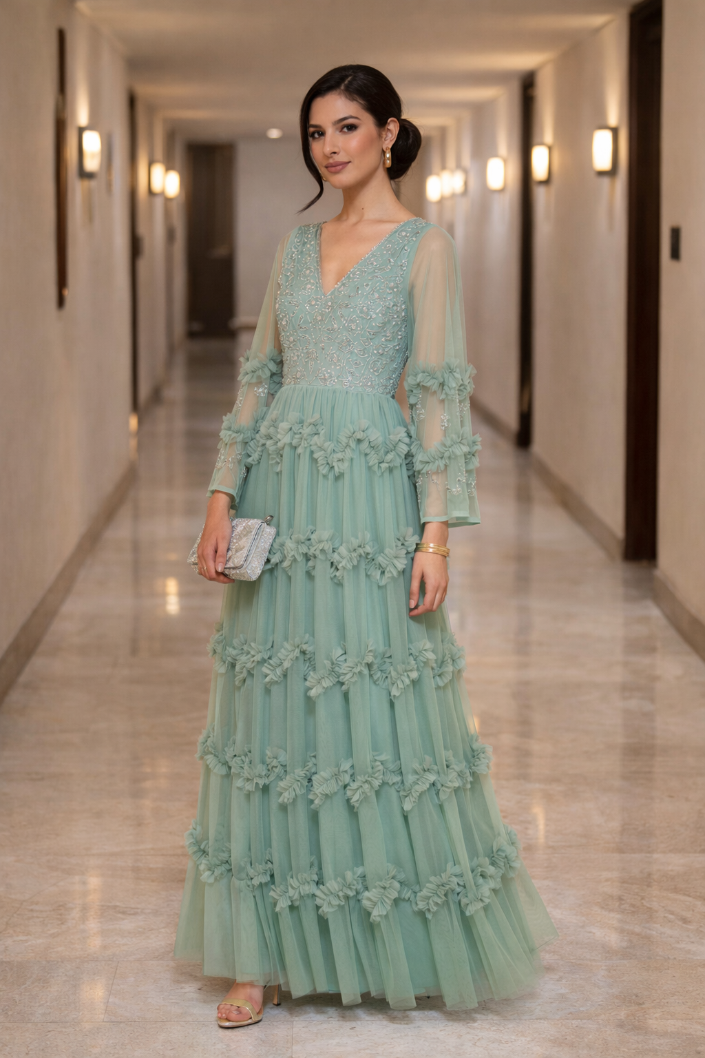 Floral Embellished Ruffle Gown