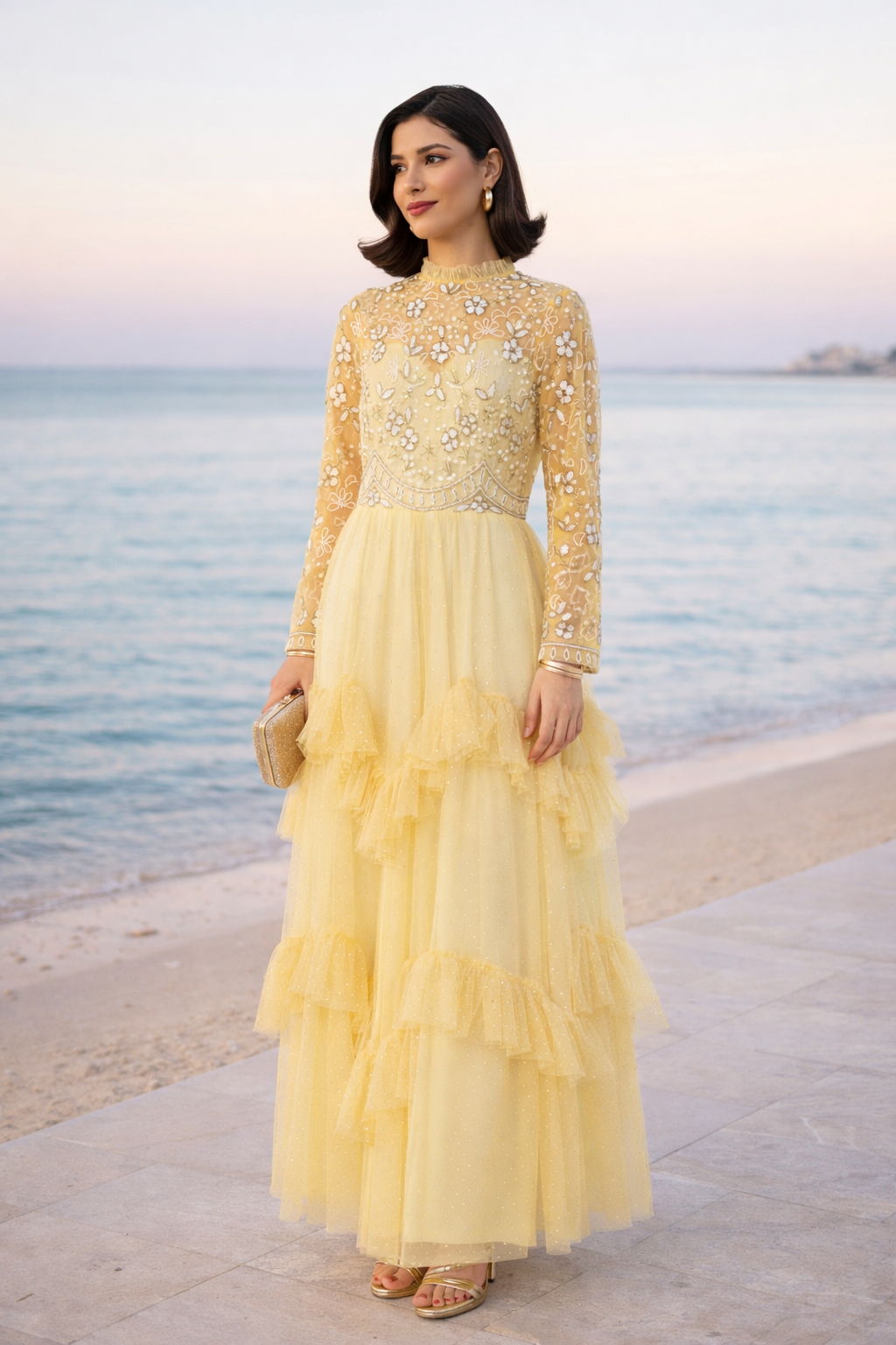 Floral Embroidered High-Neck Tiered Gown