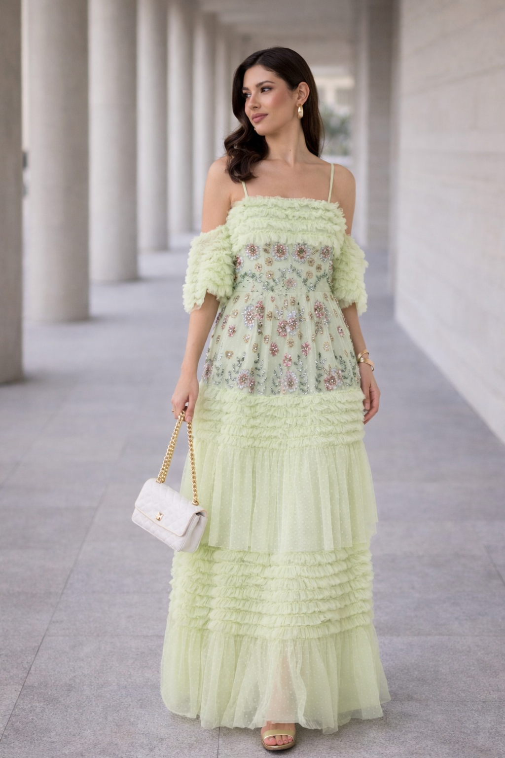 Ruffled Embellished Tiered Gown