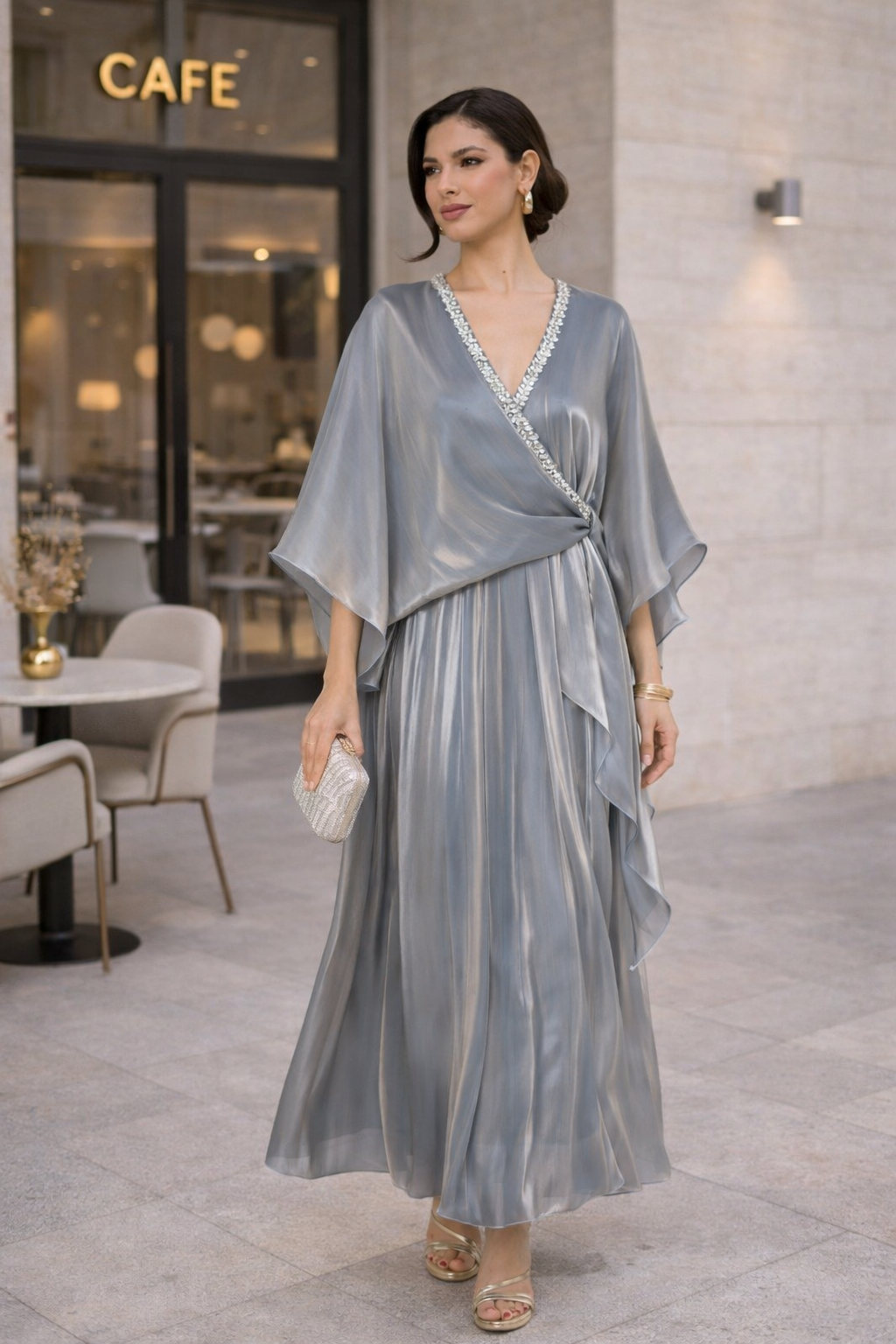 Crystal Embellished V-Neck Cape Gown