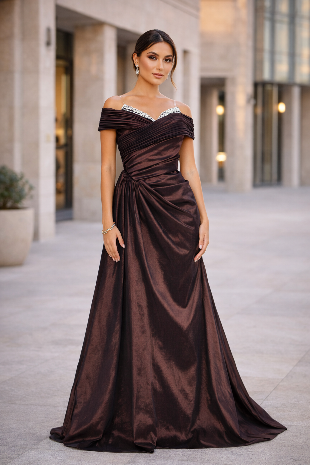 Crystal-Trim Off-Shoulder Draped Gown