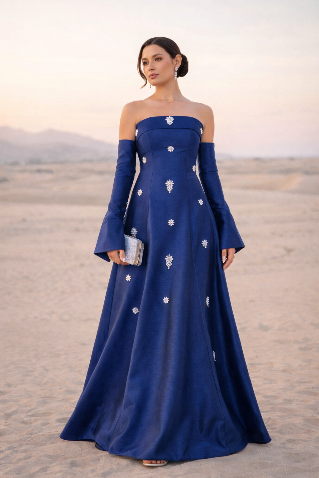 Modern Strapless Gown with Floral Crystal Accents