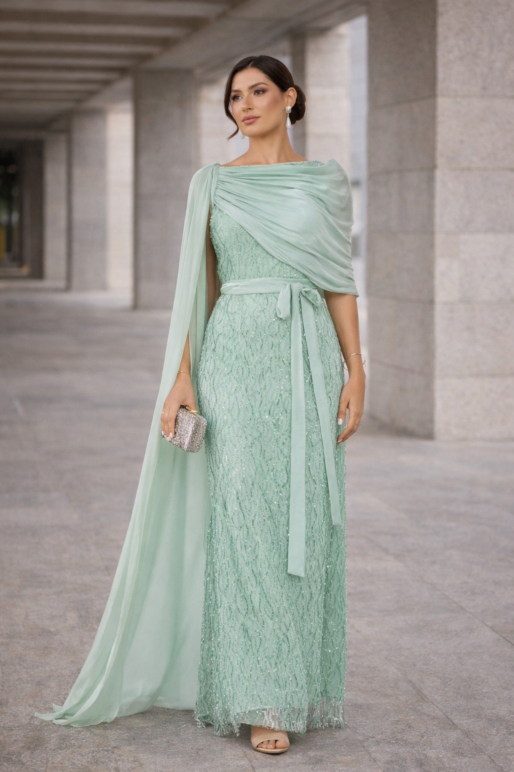 Embellished One-Shoulder Draped Overlay Gown