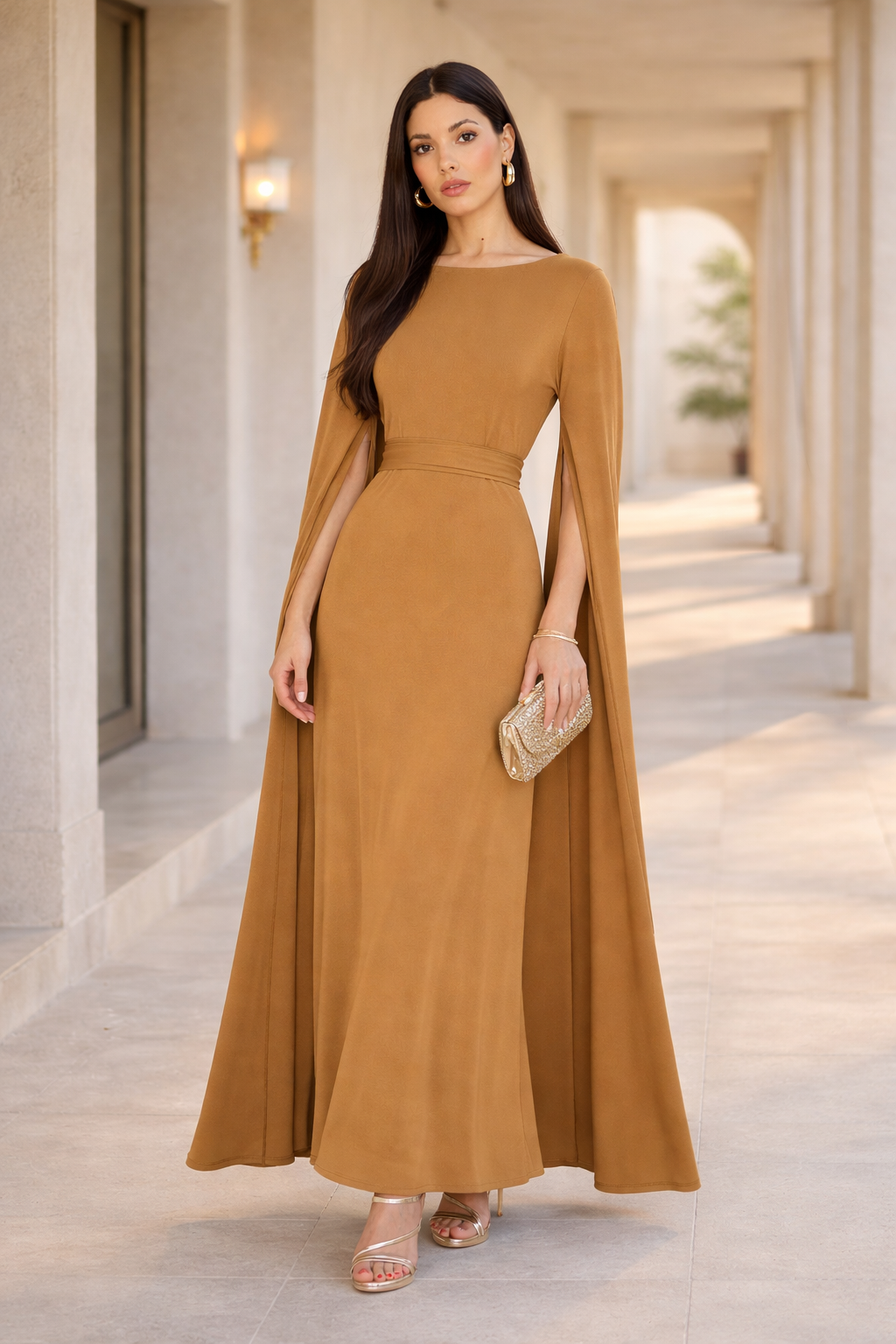 Draped Cape-Sleeve Maxi Gown