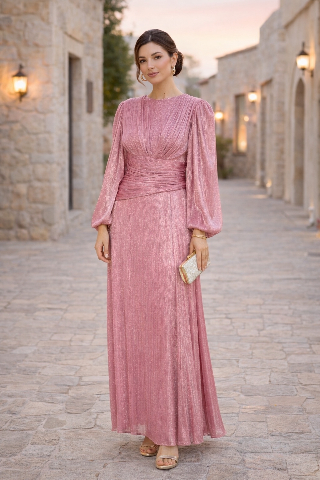 Ruched Waist Pleated Long-Sleeve Gown