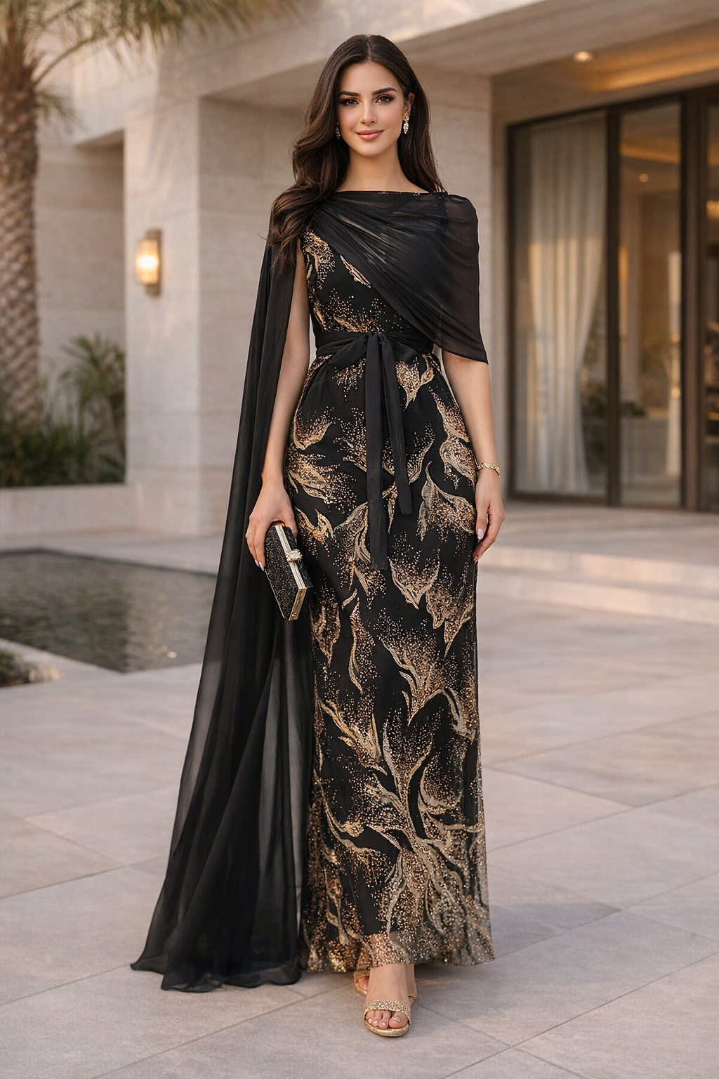 Ornate Gown with Draped Cape
