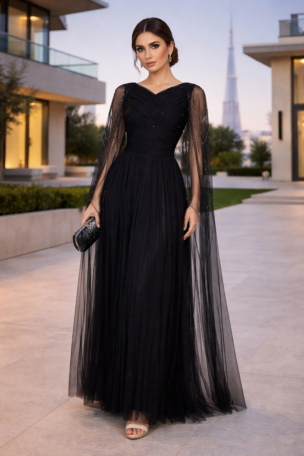 Ethereal Tulle Gown with Embellished Cape Sleeves